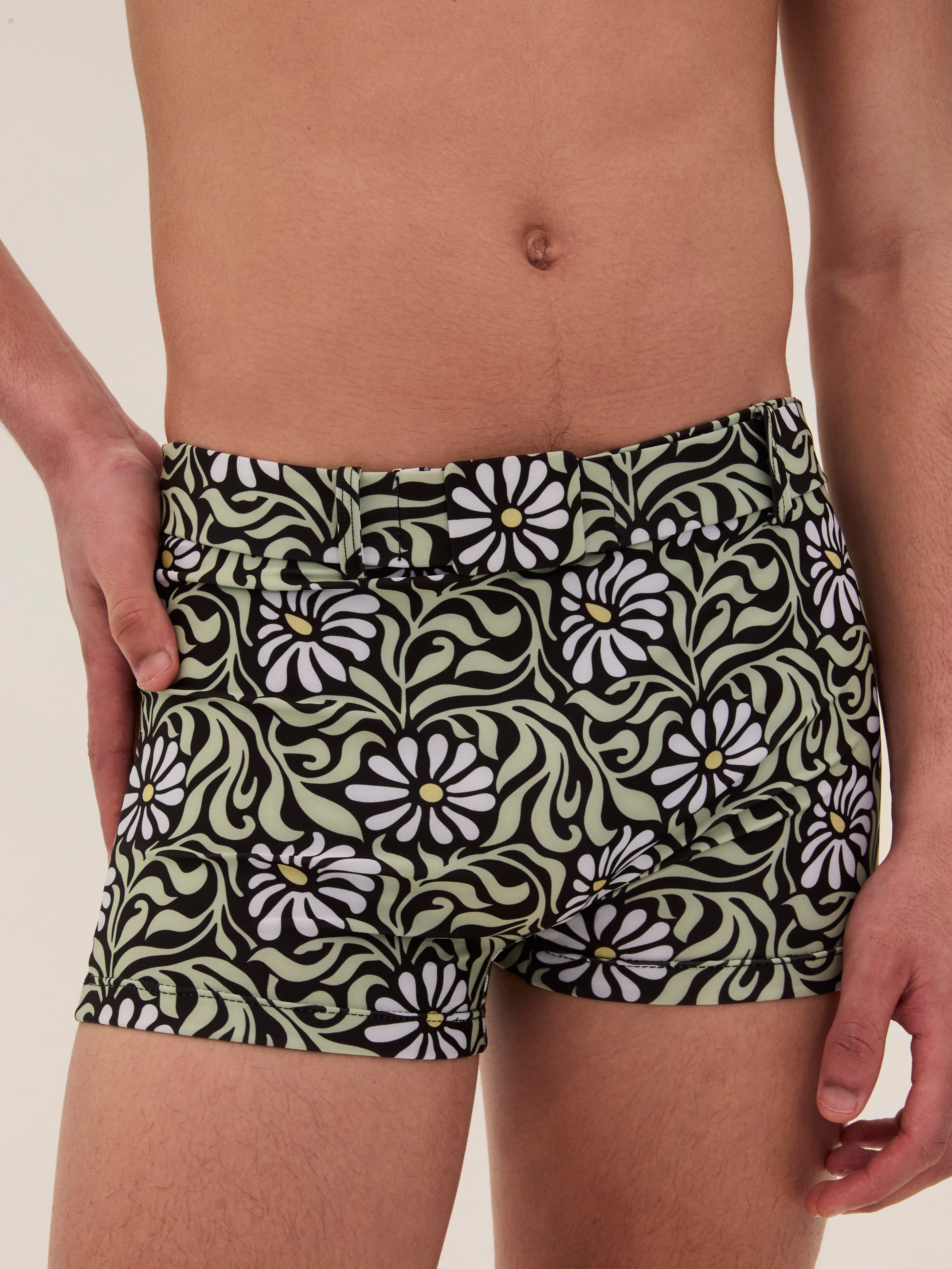 Black Floral Swim Buckle Trunks