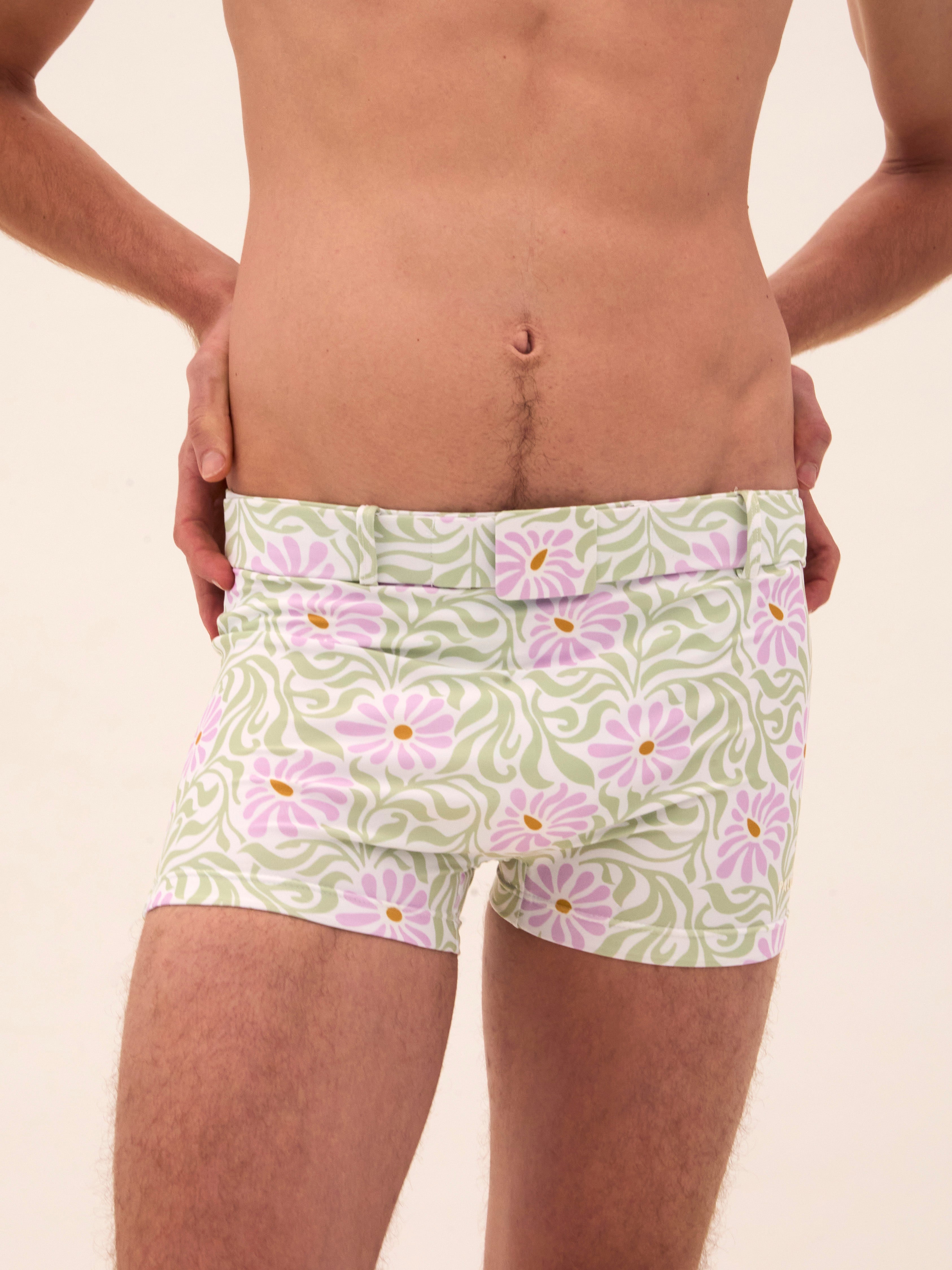 White Floral Swim Buckle Trunks
