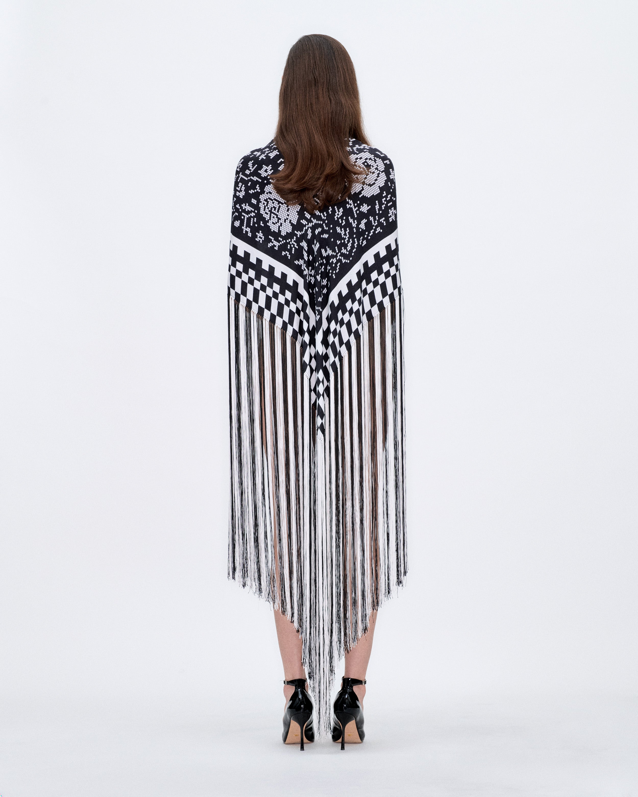 Pixel Black Fringed Shawl