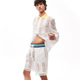 White Embroidered Basket Shorts