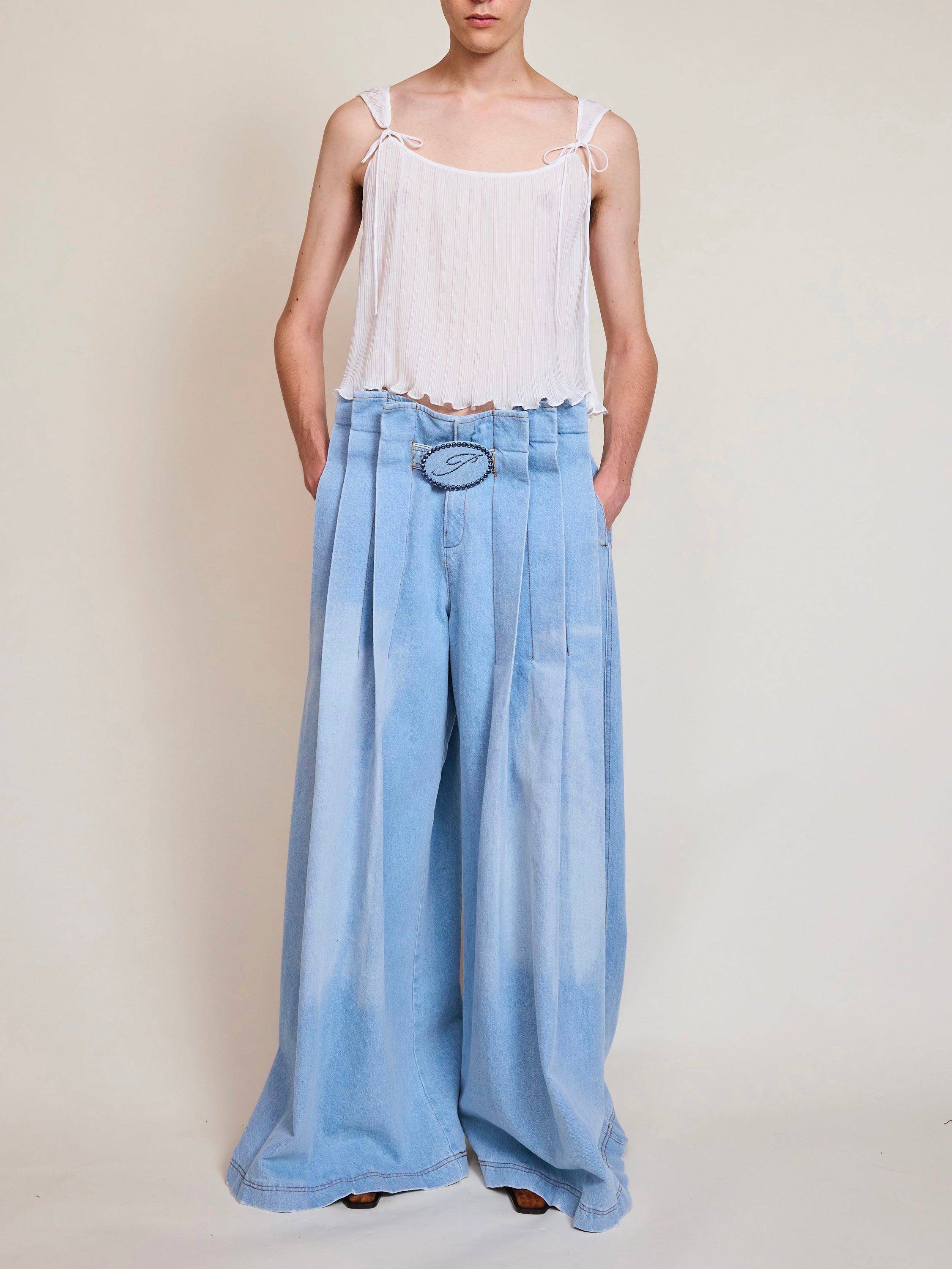 Luke Pleated Light Denim Trousers