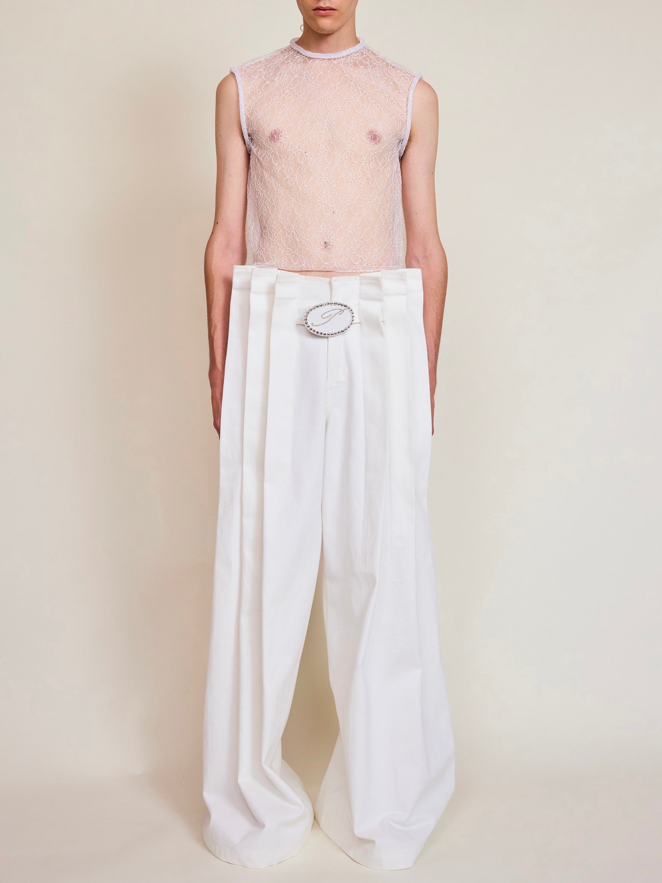 Luke Pleated White Denim Trousers