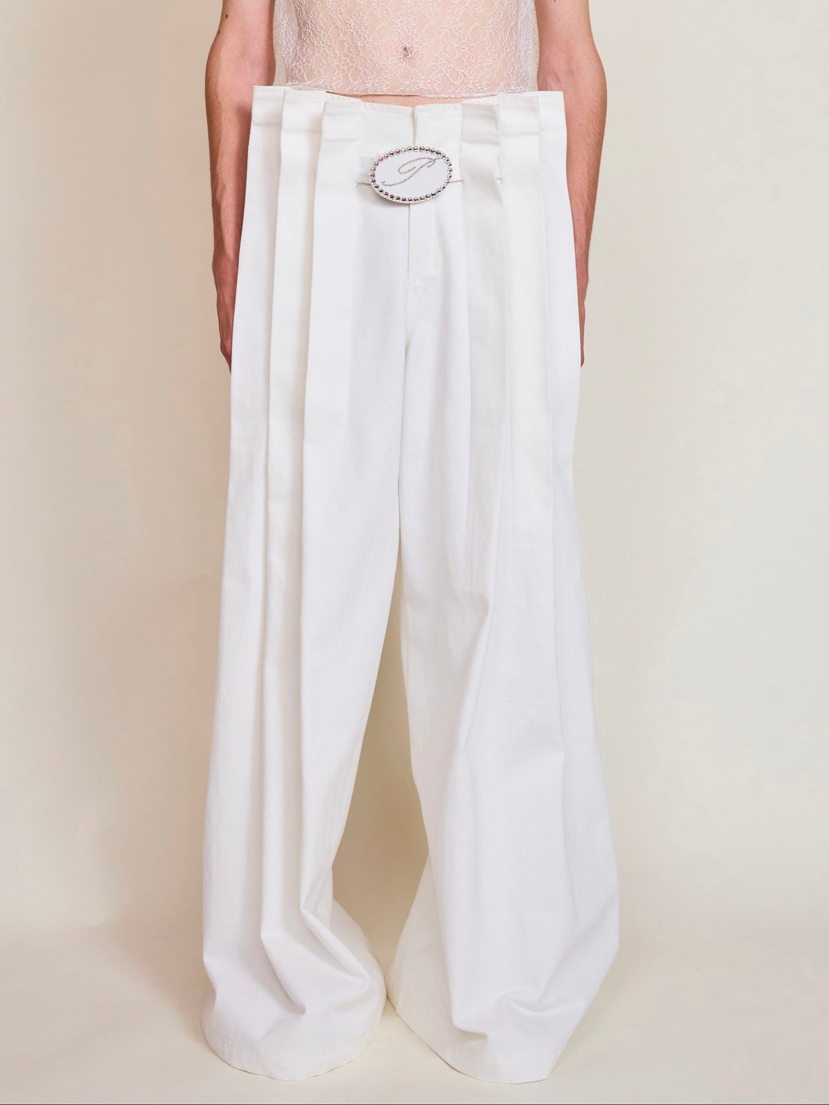 Luke Pleated White Denim Trousers