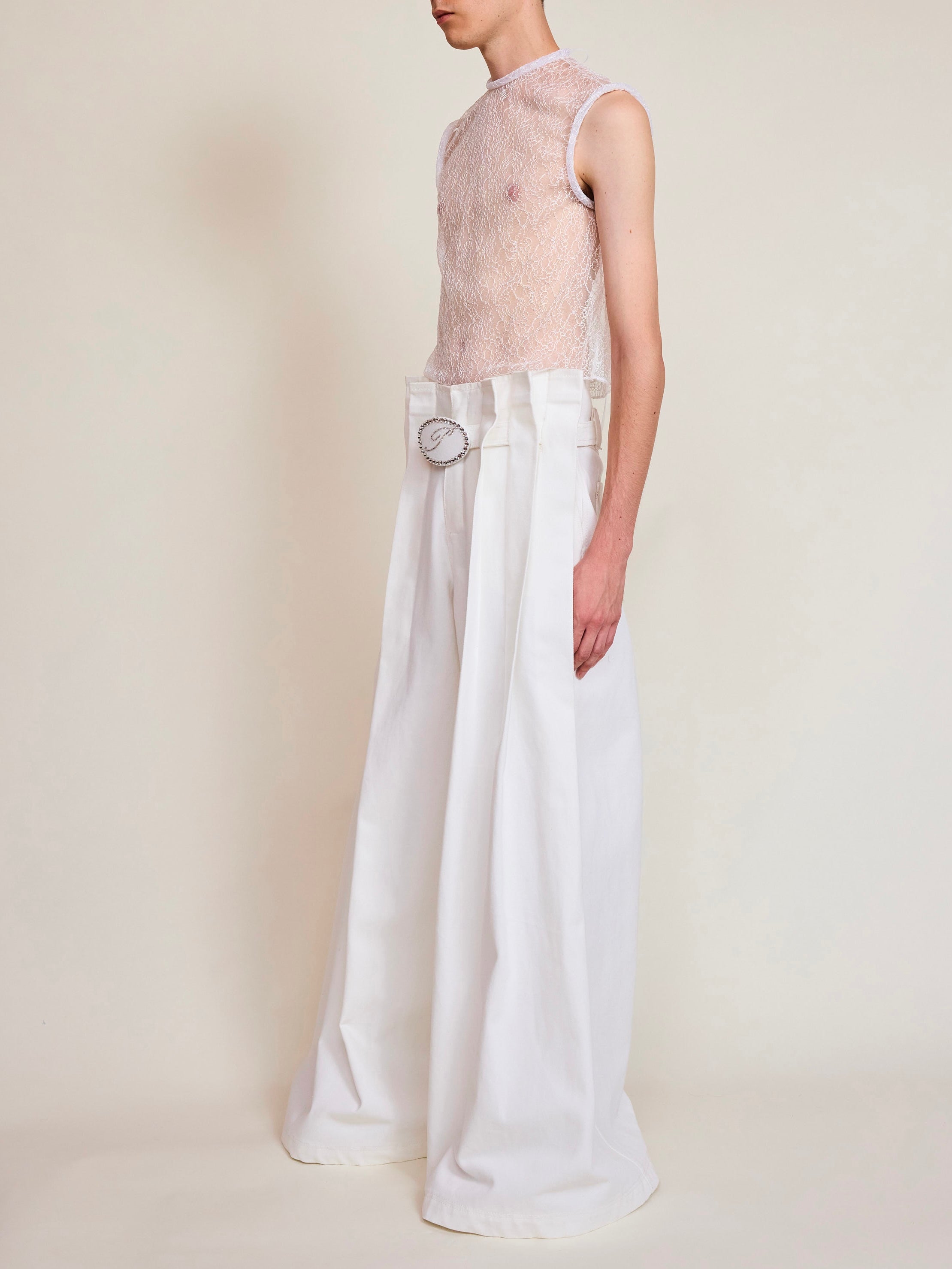 Luke Pleated White Denim Trousers