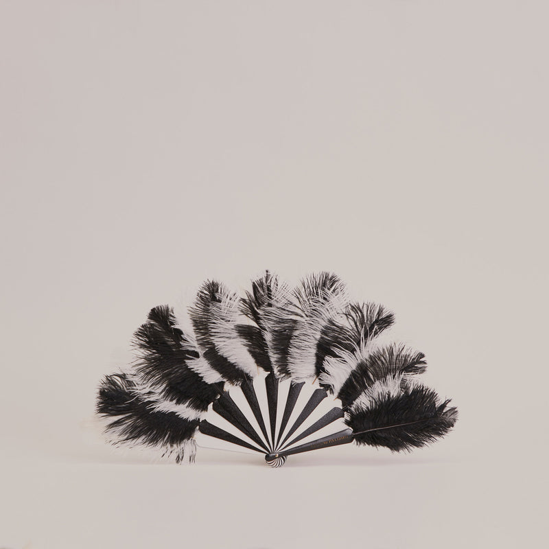 Abanico de plumas de avestruz blanco y negro